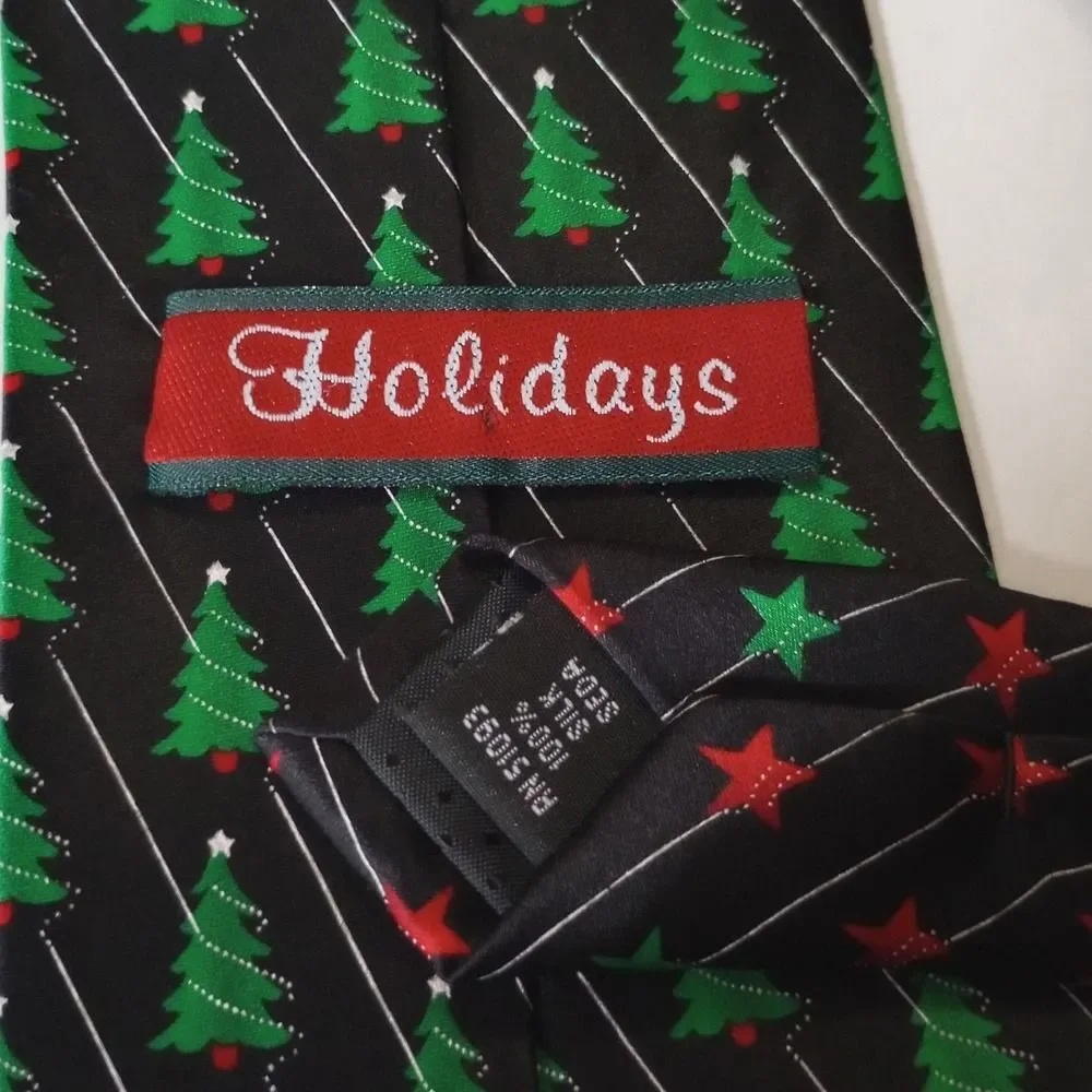 Holidays Mens Christmas Tree Silk Necktie Black Green Festive Winter Seasonal
